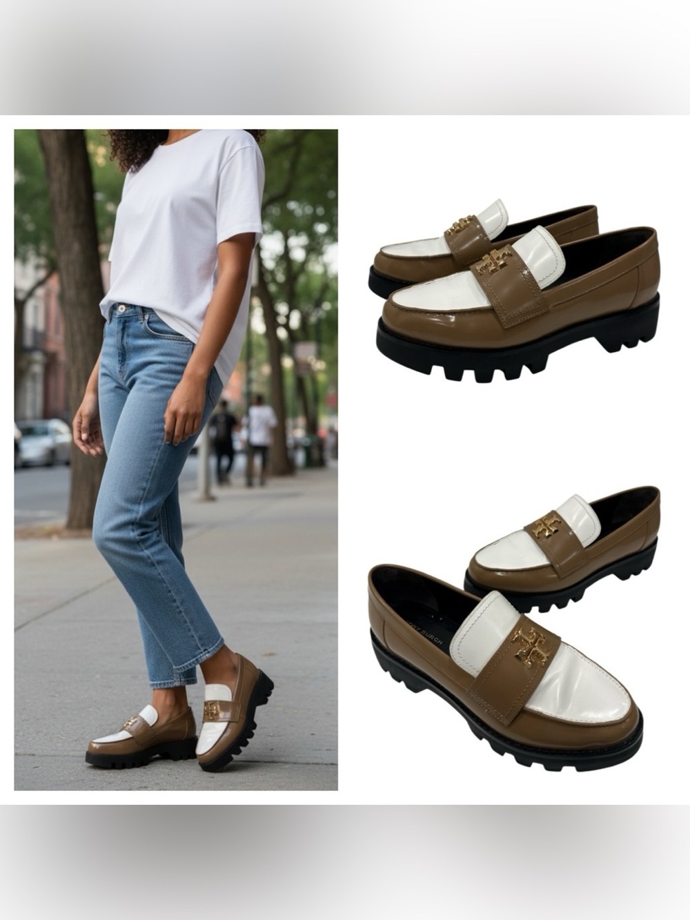 Tory Burch-Inspired White and Brown Lug Sole Loafers size 6 M